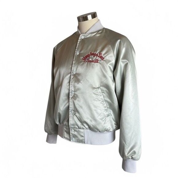 Vintage Karington Satin Bomber Jacket Silver USA Humphreys Sawmill Medium - Picture 2 of 16